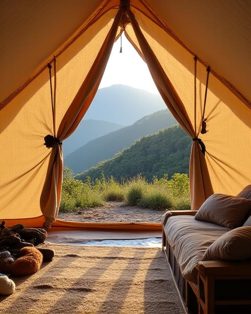 Luxury glamping setup with climbing gear